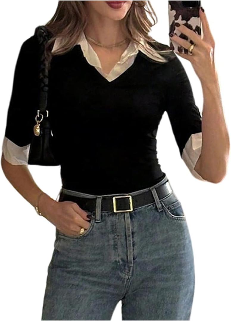 MakeMeChic Women's Color Block Tee Shirt Half Sleeve Collar V Neck 2 in 1 Summer Tops (Black, XS)