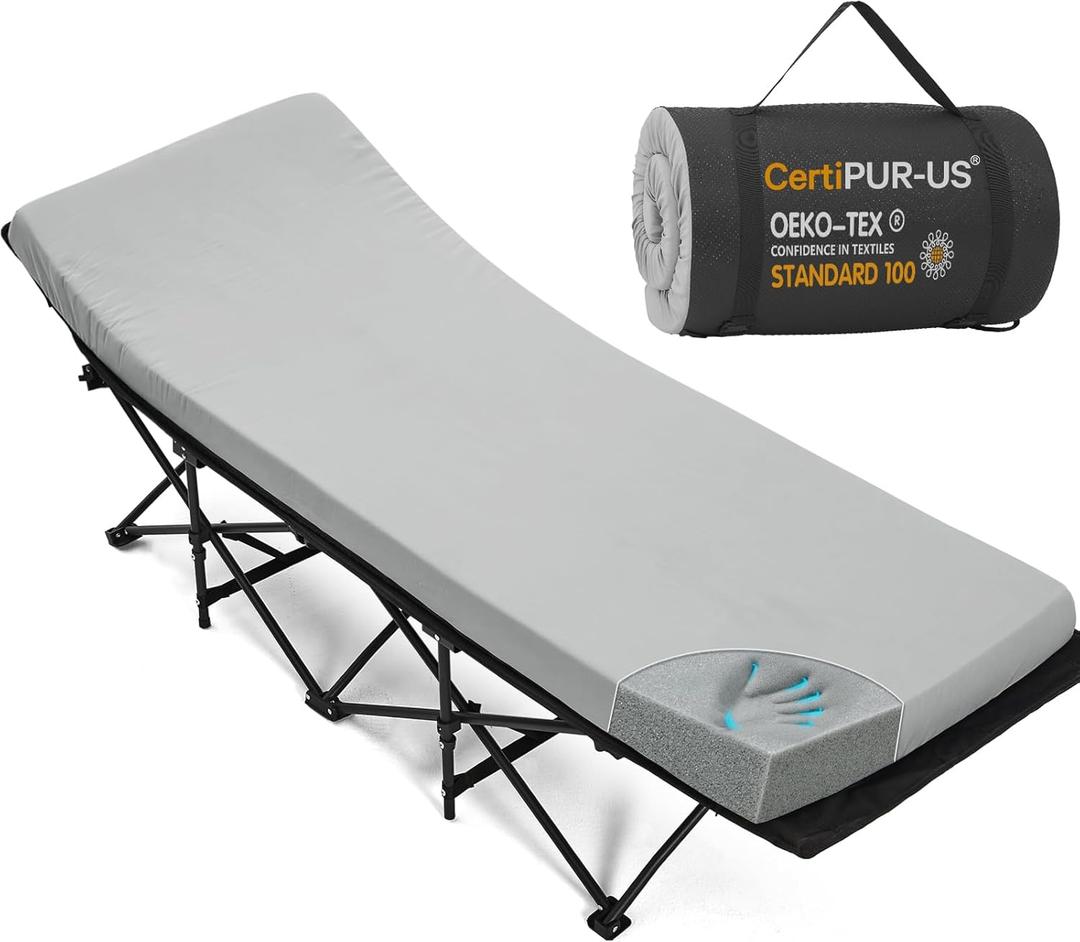 CYMULA Camping Cot Mattress 2in Memory Foam Sleeping Pad, Soft Warm Non-Slip Camping Mattress Topper with Retaining for Adults, Portable Roll up Pad for Travel (75 x30) only Mattress (Grey)