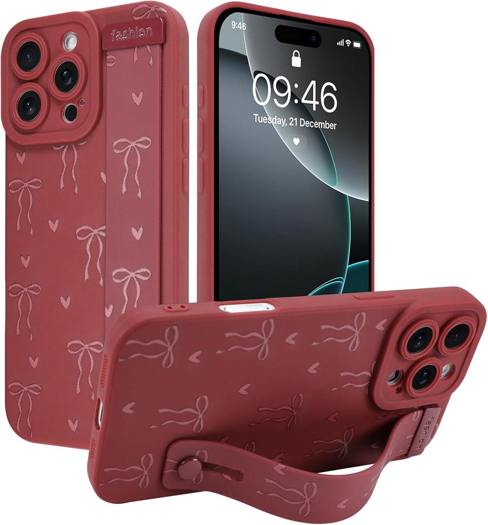 TEAUGHT for iPhone 16 Pro Max Case with Wrist Strap Holder, Cute Bows Hearts Design with Finger Hand Strap Wristband Stand, Soft TPU Shockproof Protective Cover for Women Girls - Wine Red
