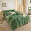 Faux Fur Sage Green Comforter Cover Queen Set, Soft Fluffy Shaggy Sage Green Bedding Queen Set 3 Pieces (1 Fuzzy Duvet Cover + 2 Plush Pillow Cases) Furry Bed Set, Zipper Closure