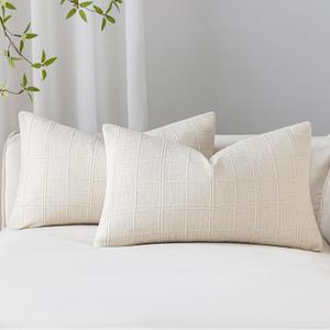 Decorative Linen Check Throw Pillow Covers Set of 2, 12"x20" White Neutral Cushion Covers, Farmhouse Vintage Modern Boho Home Decor for Sofa Chair Couch Bedroom