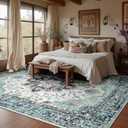 RELEANY Area Rugs 9'x12' Washable Non-Slip, Floral Vintage Distress Print Pattern Medallion Carpet for Living Room Bedroom Dining Room, Green Navy Blue White Red Teal Colorful