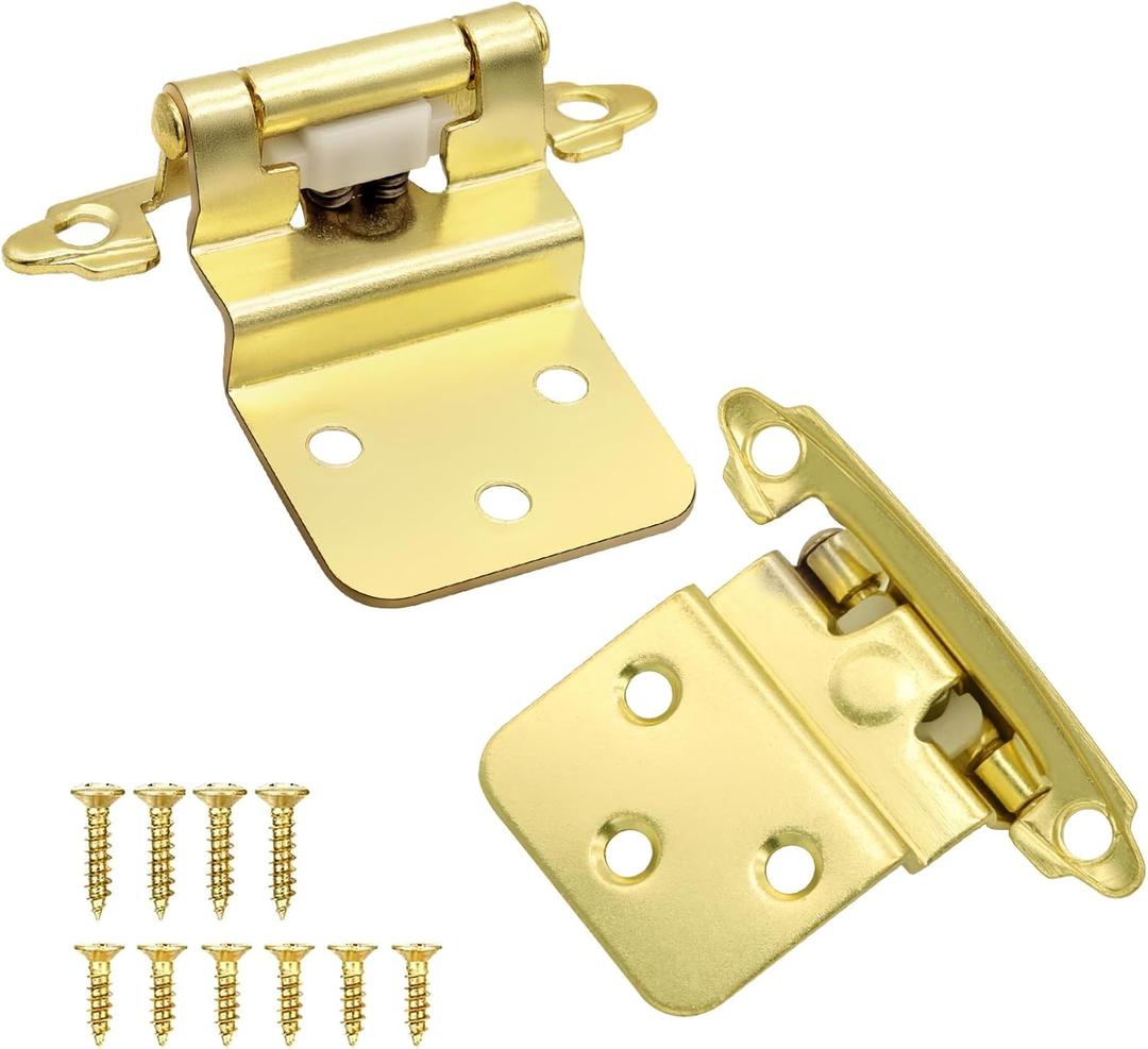 3/8 Inch Inset Brass Gold Cabinet Hinges, (10 Pairs - 20 Pack) Self Closing Hinges for Cabinets Doors, Kitchen Cabinet Door Hinges Hardware