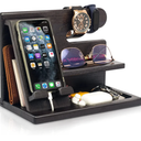 Wood Phone Docking Station for Men - Desktop or Nightstand Organizer - Birthday Gifts for Men, Dad - Anniversary Idea from Wife - Key Holder, Stand Wallet, Watch & Essentials (Black)