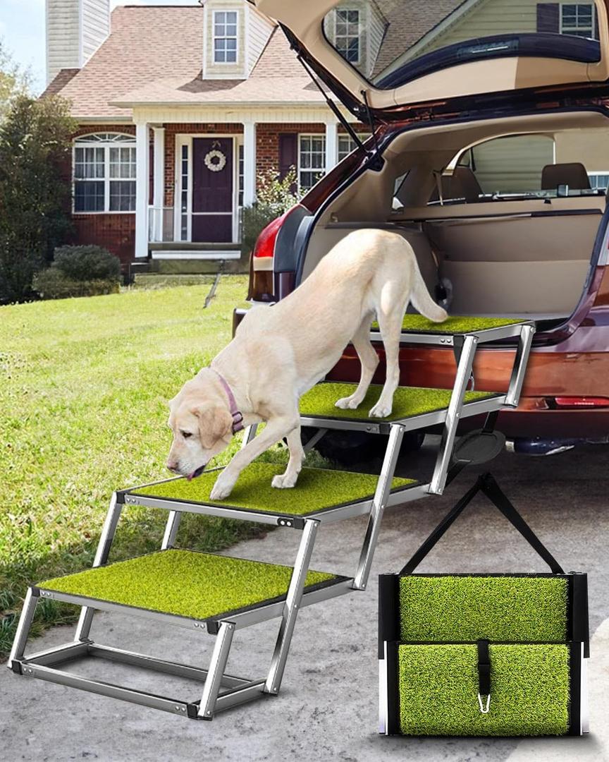 Foldable Dog Car Ramp for Large Dogs, 4 Steps Portable Large Dog Steps for Car Truck SUV High Bed, Aluminum Stairs with Grass Padded, Outdoor Ramp Stairs for Dogs Max Up to 200lbs (4 Step Grass)