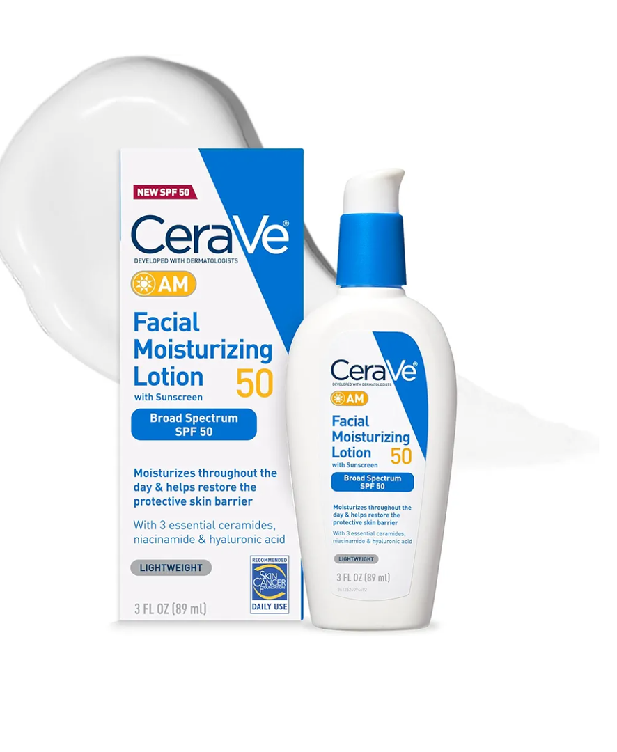 CeraVe AM Facial Moisturizing Lotion SPF 50, Face Moisturizer with SPF, Hyaluronic Acid, Niacinamide & Ceramides, Non-Greasy, Blends Seamlessly With No White Cast, Non Comedogenic Sunscreen, 3 Oz