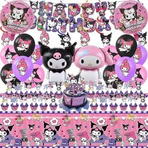 52PCS-Kuromi Birthday Party Supplies, Party Decorations Set Include Banner, Balloons, Hanging Swirls, Cake Cupcake Toppers, Tablecloth for Girls Kuromi Theme Party..