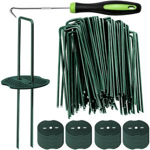 Bakulyor 150pcs Green Artificial Turf Stakes Staples + 150pcs Buffer Washer, 6 Inch 11 Gauge Landscape Staples, Galvanized Lawn Spikes, Heavy Duty Yard Ground Pin for Grass Weed Barrier Sod Fabric