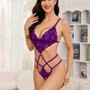 AnloveKiss Women Lingeries Deep V Teddy Lingerie Sexy Lace Bodysuit Cut Out One Piece Mini Babydoll (Purple, XL)