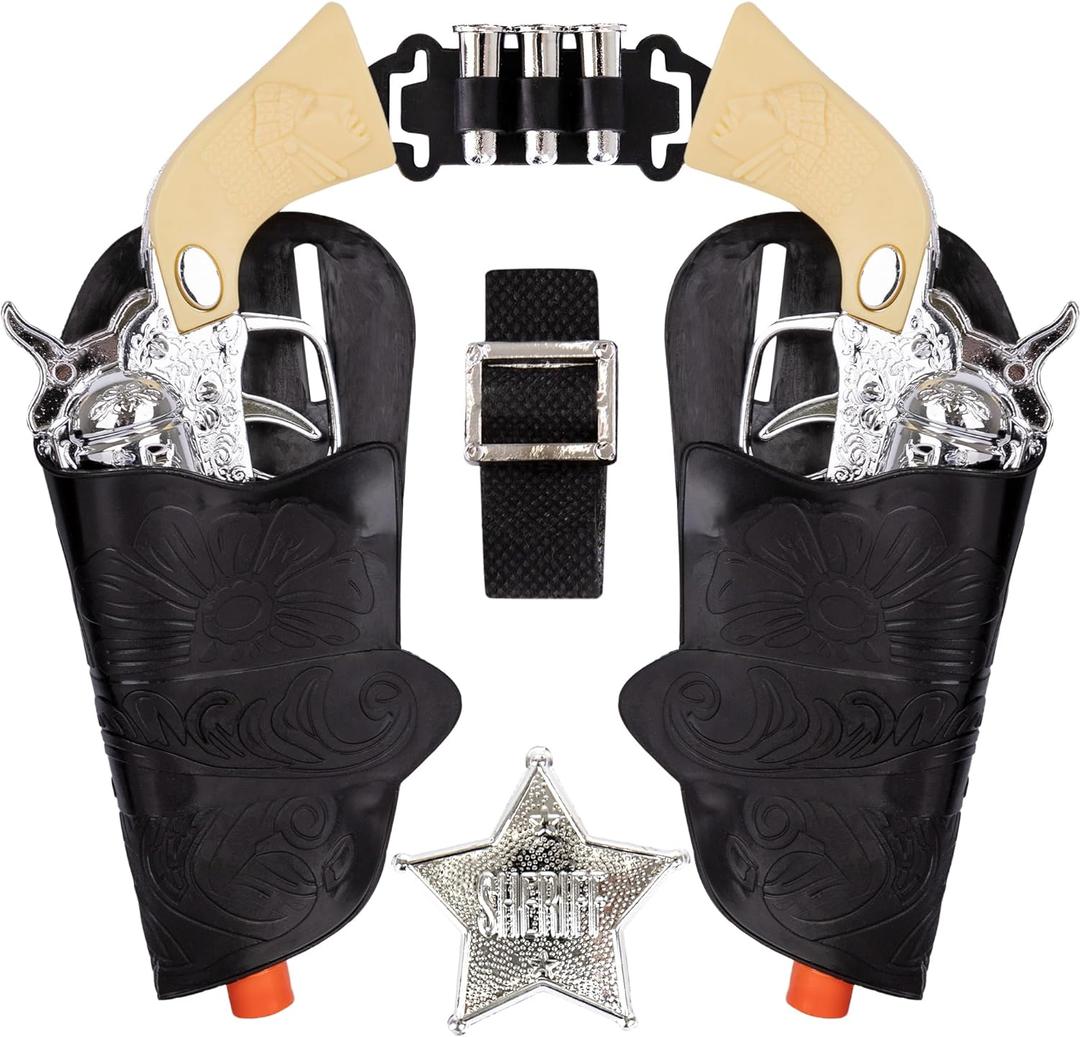 Art Creativity Cowboy Toy Gun Holster and Belt 9 Piece Set for Kids. 2 Toy Pistols, 1 Sheriff Badge, 2 Gun Holsters, and 3 Play Bullets, 1 Adjustable Belt, Old Western Action Belt for Sheriff