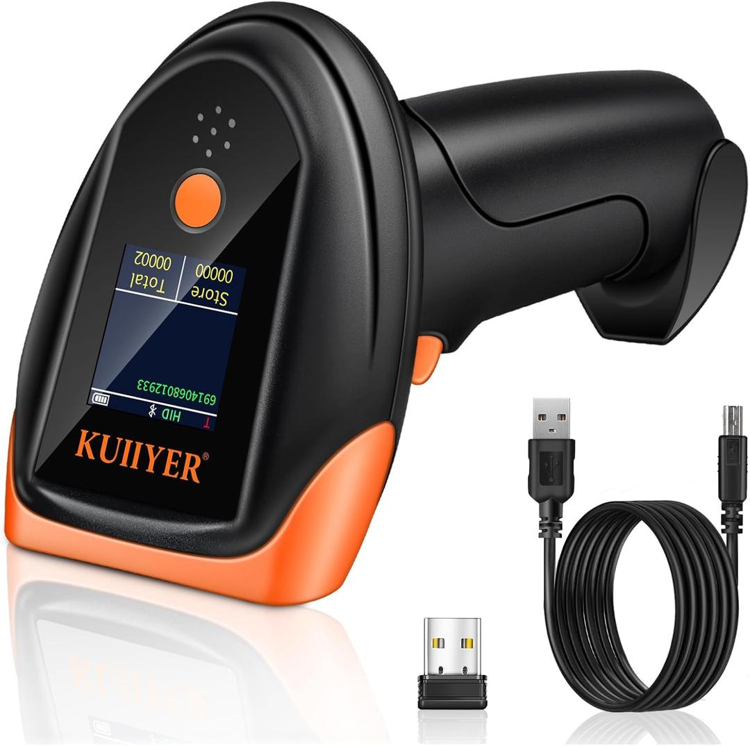 KUIIYER Bluetooth Barcode Scanner, Wireless 2D QR 1D Bar Code Scanners with LCD Digital Display & AI Voice, Plug & Play Handheld Barcode Reader for iPhone, Android, iPad, Tablet, PC Computers & POS