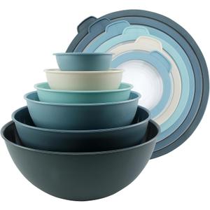 COOK WITH COLOR Mixing Bowls with Non Slip Bottom - 12 Piece Plastic Nesting Bowls Set includes 6 Prep Bowls and 6 Tritan Lids - Microwave Safe (Blue)