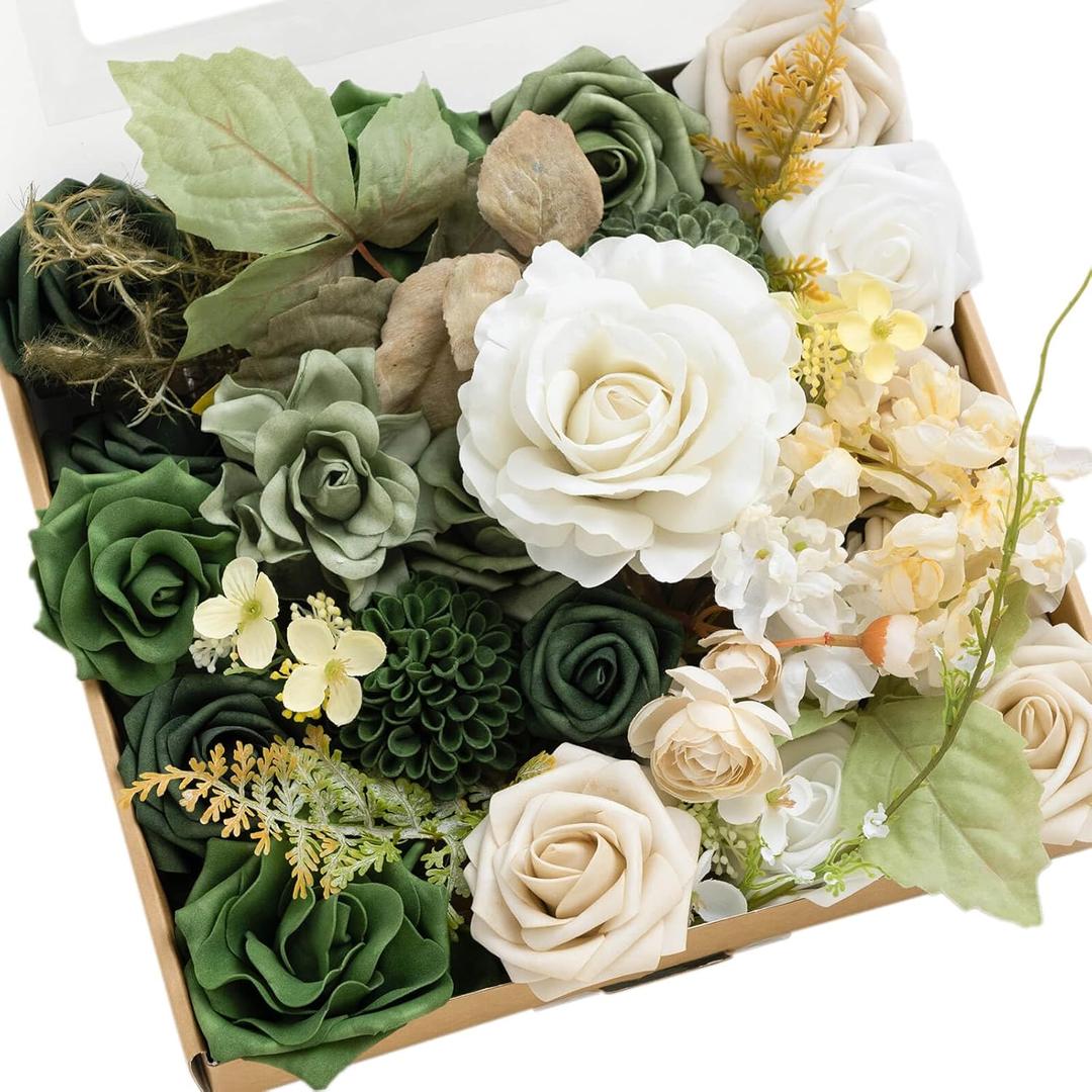Ling's moment Fake Flowers Box, Faux Artificial Greenery Stems Foam Roses Dahlia Silk Ranunculus Fabic Flower for Centerpieces Bouquet Wedding Vase Decorations, Emerald & Tawny Beige, Grand Combo