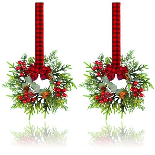 Small Christmas Wreath - 2Pcs Mini Wreaths with Red Berry Pine Eucalyptus for Kitchen Window Decor Small Farmhouse Wreaths Garland for Indoor Home Cabinet Decorations