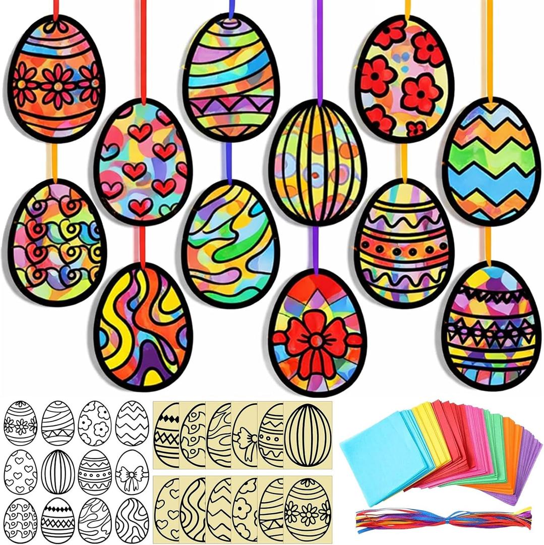 AmazingSpark 36 Pcs Easter Suncatcher Craft, DIY Egg Stained Glass Tissue Paper, Easter Window Arts and Crafts Kit, Hanging Sun Catcher Ornaments for Spring Art Party Supplies Decor