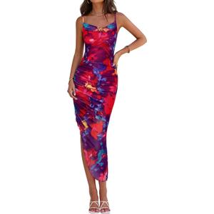 PRETTYGARDEN Women 2025 Summer Mesh Dress Spaghetti Strap Cowl Neck Print Ruched Bodycon Dresses Asymmetrical Long Dress (XL)