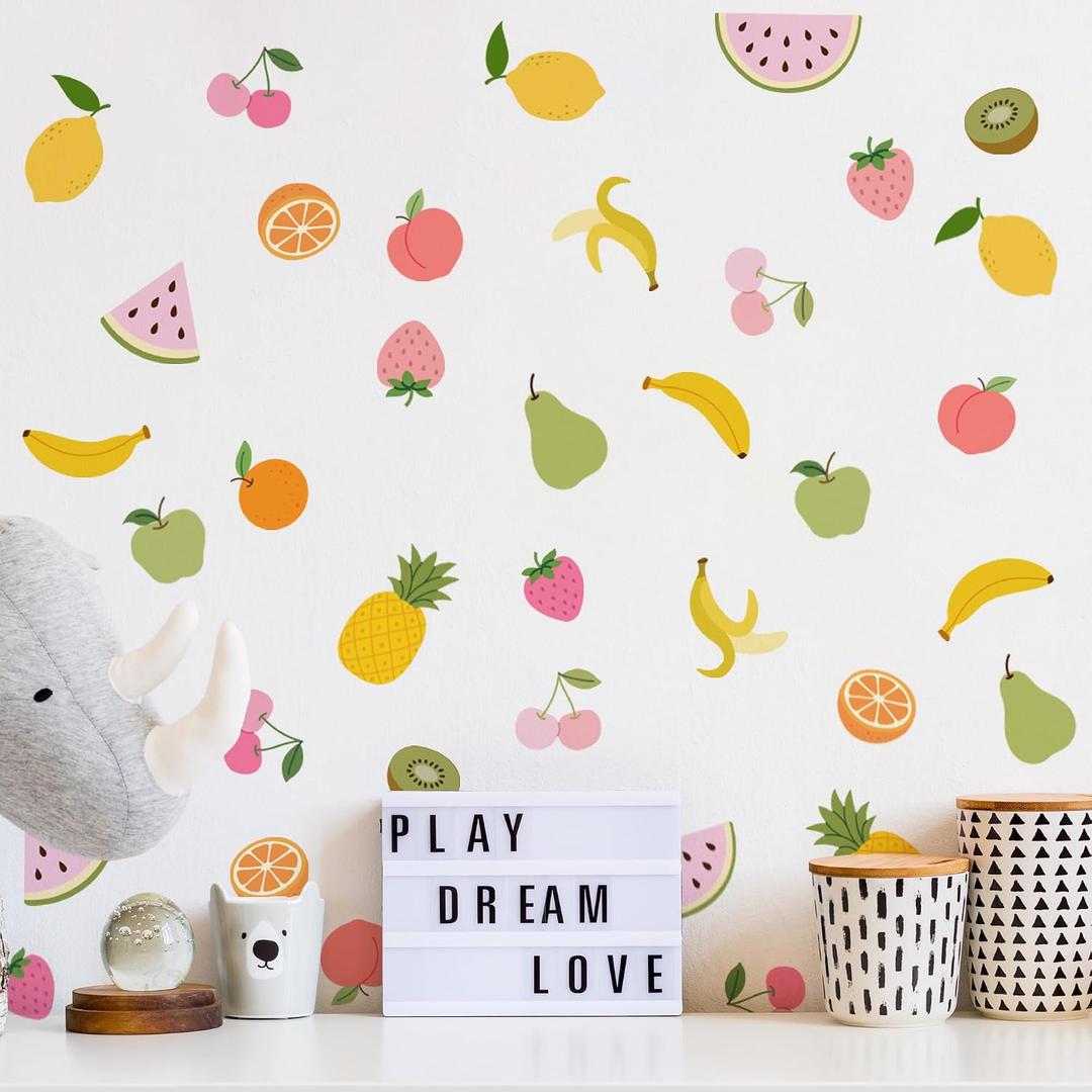 Cartoon Fruit Wall Decals, Removable Fabric Wall Stickers, Colorful Multicolor Summer Fruits, Cute Small Fruit Leaf Peel and Stick Stickers for Nursery Kitchen Kids Room Wall Decor