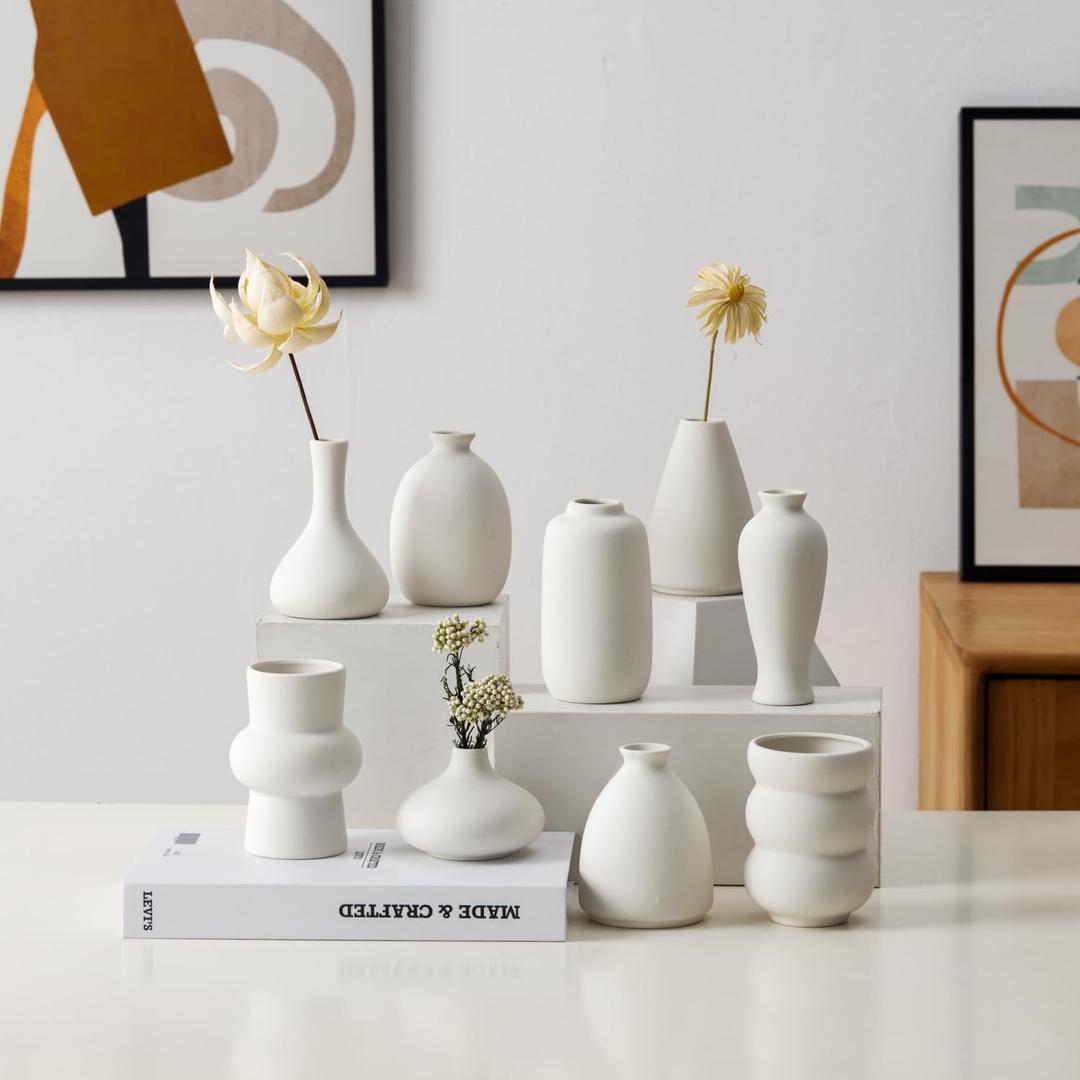 Set of 8 Ceramic Bud Vases for Pampas Grass Flowers, Small Vases in Bulk for Centerpieces Boho Vases for Wedding Decorations Neutral Living Room and Bedroom Decor DIY Gift (White)