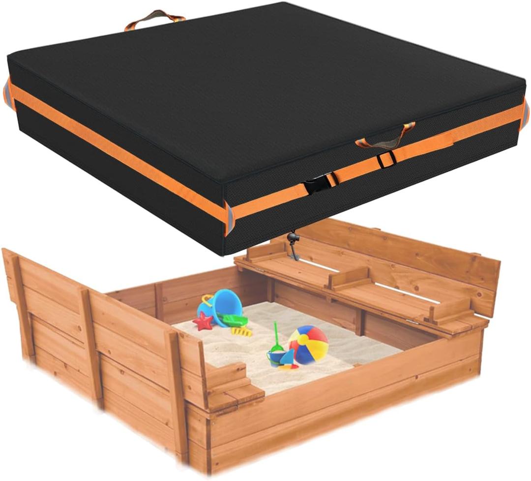 Sandbox Cover, Outdoor Large Sandbox Cover for Preschoolers, Waterproof Square SandBoxs Covers for Sand Protection, Featuring Handles, Strap with Buckle, Bottom DrawstringBlack50" L50" W8" H