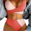 Women's 2 Piece Colorblock High Waisted Wrap Spaghetti Strap Summer Swimsuit Bikini Set (Orange, L)