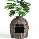 Cat Litter Box Enclosure, Hidden Litter Box Furniture with Artificial Plants, Handwoven Rattan Cat House with Cat Litter Box, Enclosed Cat Planter Litter Box（Brown）