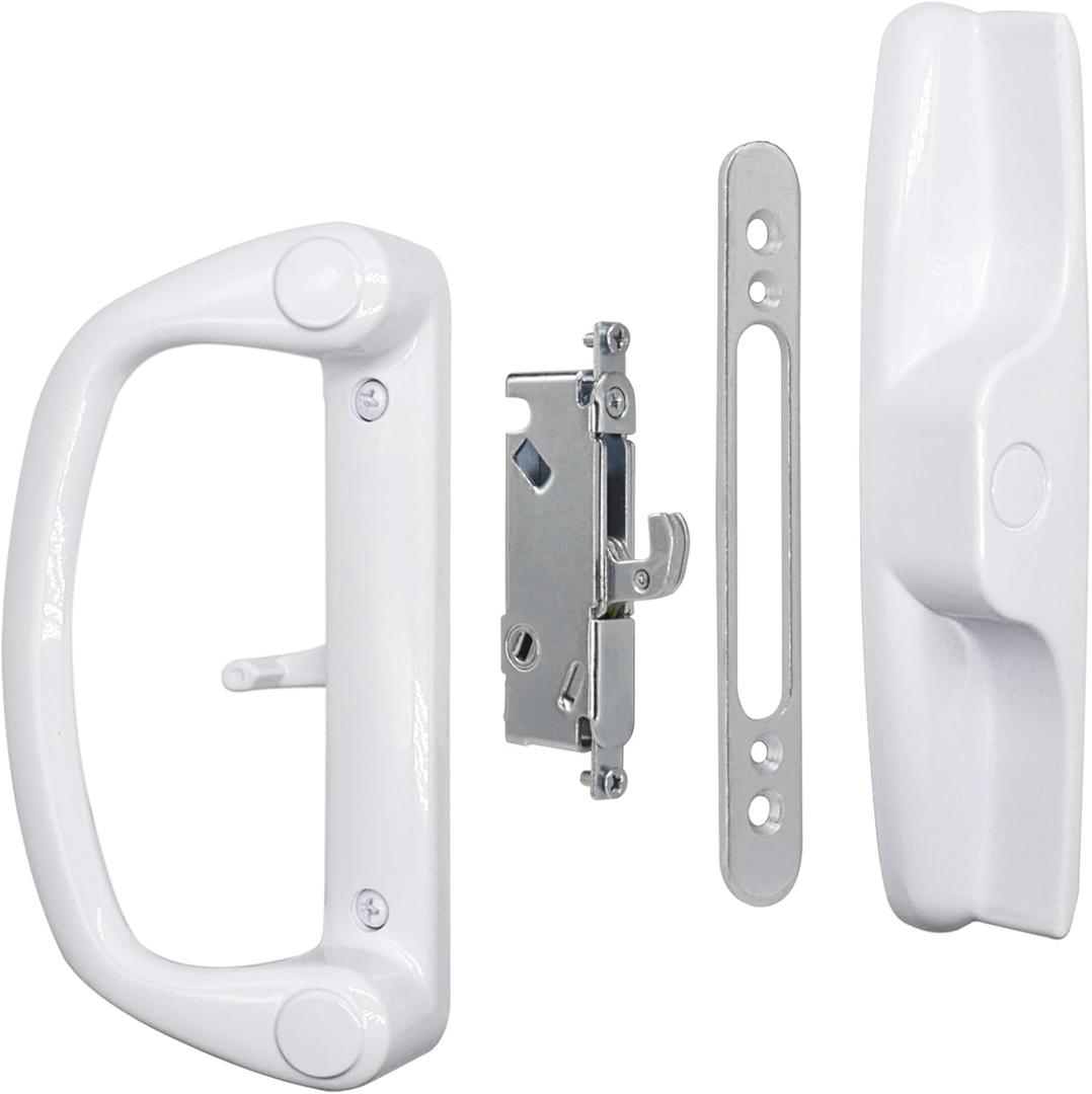 Sliding Glass Patio Door Handle Replacement Set with Mortise Lock 45 Keyway, Non-Keyed Pull Handles, Fits 3-15/16" Hole Spacing, 1-1/4" to 2" Thick Doors, Non-Handed, White