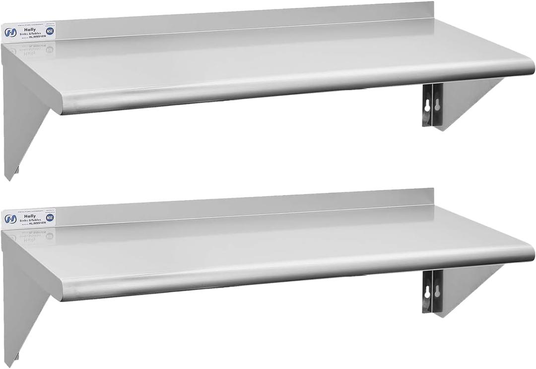 Hally Stainless Steel Shelf 2 Pack Wall Mounted Metal Shelves 12"x36" NSF