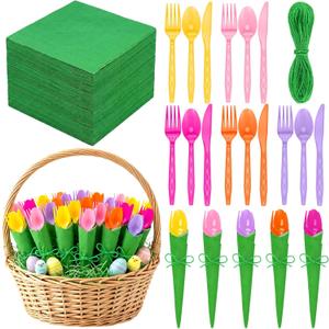 Vesici 50 Set Spring Plastic Cutlery Set Green Paper Napkins Purple Pink Yellow Red Orange Plastic Silverware DIY Heavy Duty Disposable Spoons Forks and Knives Bulk for Spring Holiday Party (Multicolor)