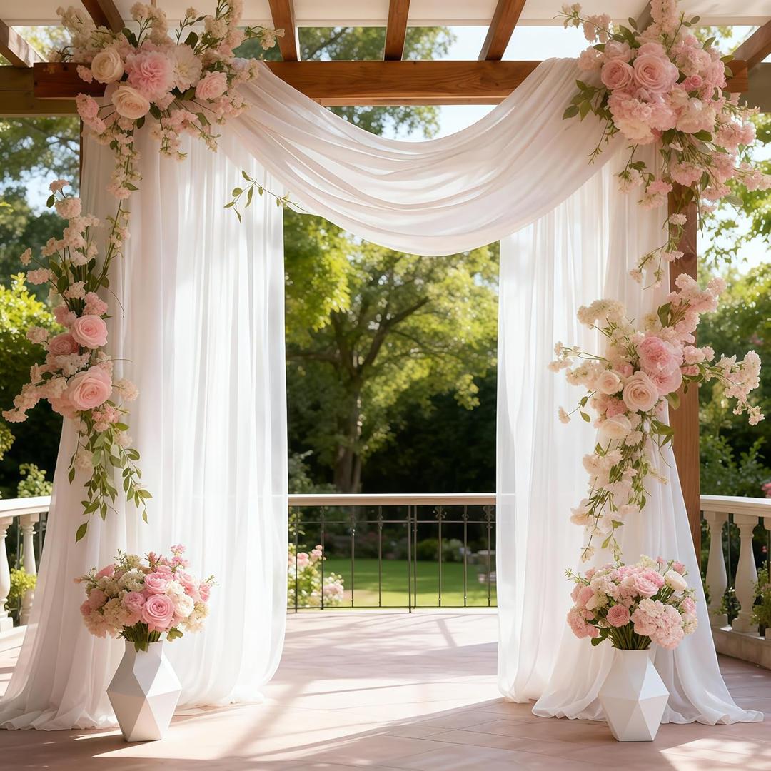 Wedding Arch Draping Fabric 28" x19FT, Sheer Chiffon Fabric Backdrop, 2 Panels White Drapes for Wedding Ceremony Decor, Decorative Arch Drapery for Birthday Party Ceiling Curtain Backdrop, 28" width x 19Ft length2 Panels