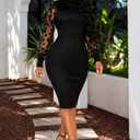 ENOPINK Women's Elegant Mock Neck Ribbed Knit Midi Dress Long Sleeve 3D Floral Mesh Cocktail Church Bodycon Dresses (Black, L)