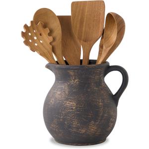MIYUKI Rustic Kitchen Utensil Holder - 7.6 Inch Ceramic Utensil Crock for Countertop, Vintage Kitchen Counter Decor (Black)