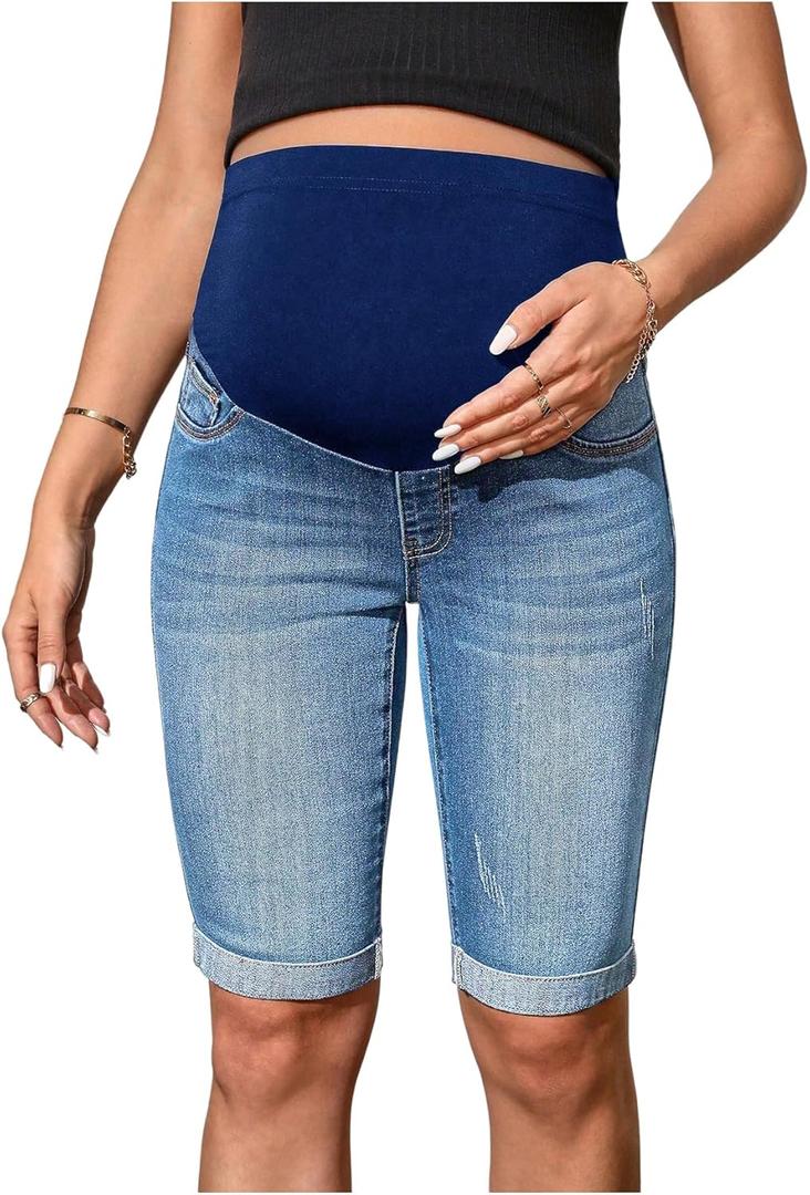 MakeMeChic Women's Maternity Jeans Elastic Waisted Knee Length Straight Leg Summer Pregnancy Denim Pants Medium Wash Medium