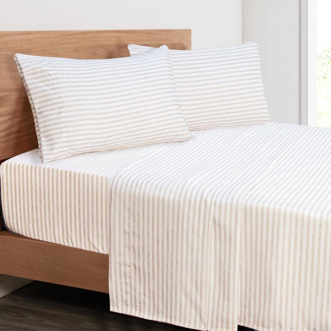 Mejoroom Striped Queen Size Sheet Set - Hotel Luxury 1800 Bedding Sheets & Pillowcases - Deep Pocket Fitted Sheet, Soft, Breathable, Wrinkle & Fade Resistant - 4 Piece (Beige Stripe)