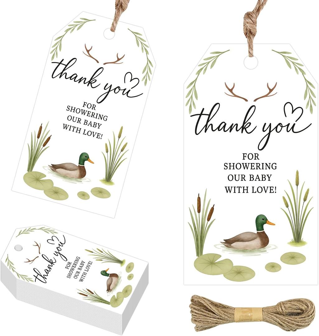 50PCS Wild Duck Themed Thank You Gift Tags,Rectangular Duck & Water Lily Design with Jute Twine, Paper Gift Tags for Baby Shower, Farm Animal Party Favors, Birthday or Gift Wrapping Supplies