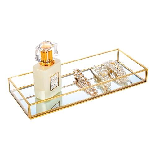 Feyarl Gold Clear Glass Vanity Tray Jewelry Trinket Rings Earrings Organizer Perfume Collection Display Decorative Tray Anti-Mirror Surface for Dresser Room Drawer Office Tabletop (9.84 x 3.93inch)