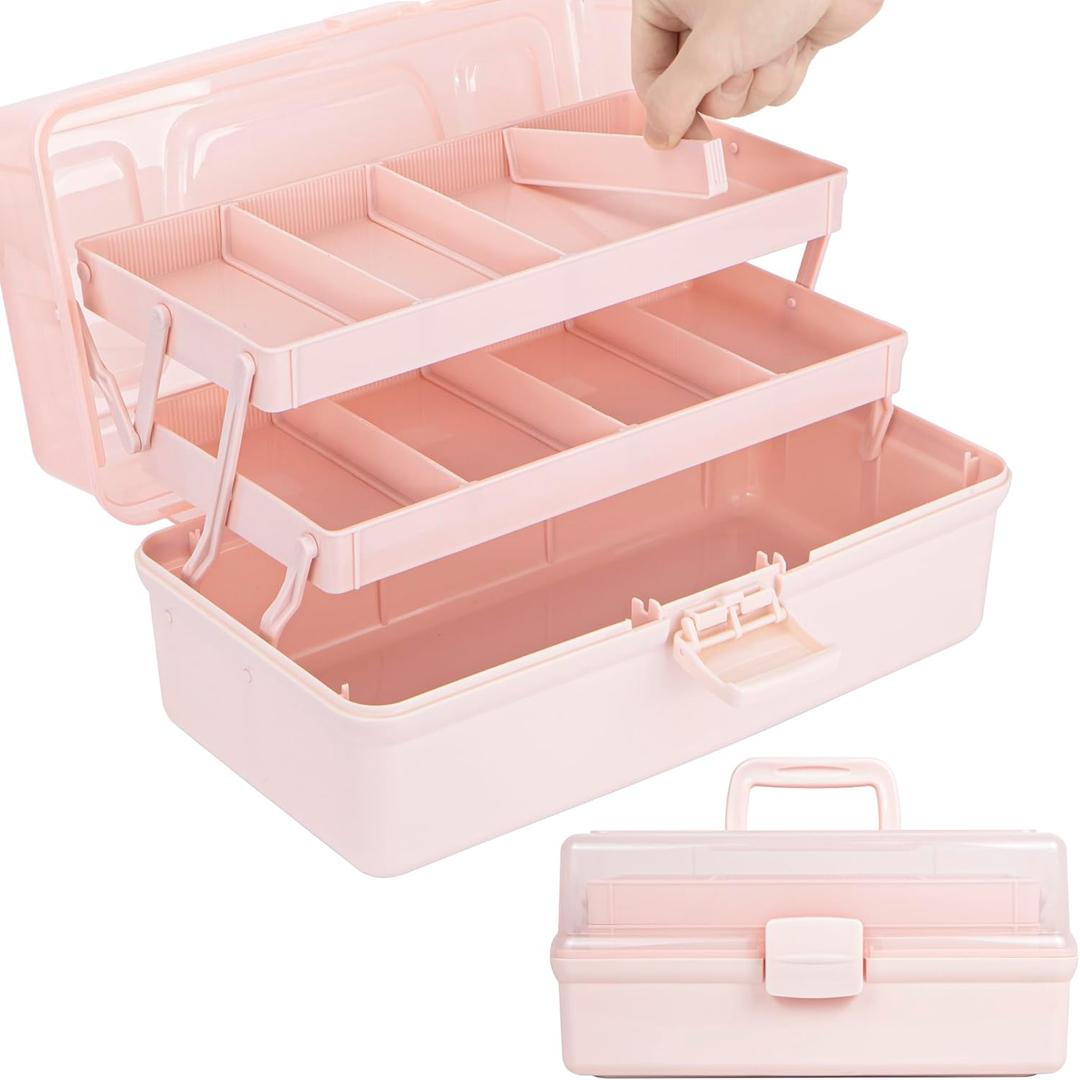 TERGOO 14in 3-Layer Multipurpose Craft Organizers and Storage with Adjustable Dividers, Portable Tackle Box, Folding Art & Craft Case for Medicine, Tool, Sewing Organizer (Pink, X-Large)