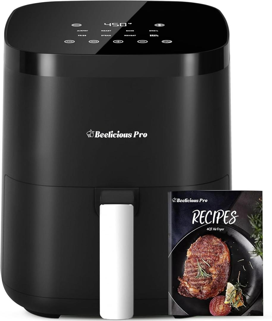 Air Fryer, Beelicious 8-in-1 Smart Compact 4QT Air Fryers, Shake Reminder, 450F Digital Airfryer with Flavor-Lock Tech, Tempered Glass Display, Dishwasher-Safe & Nonstick, Fit for 1-3 People, Black