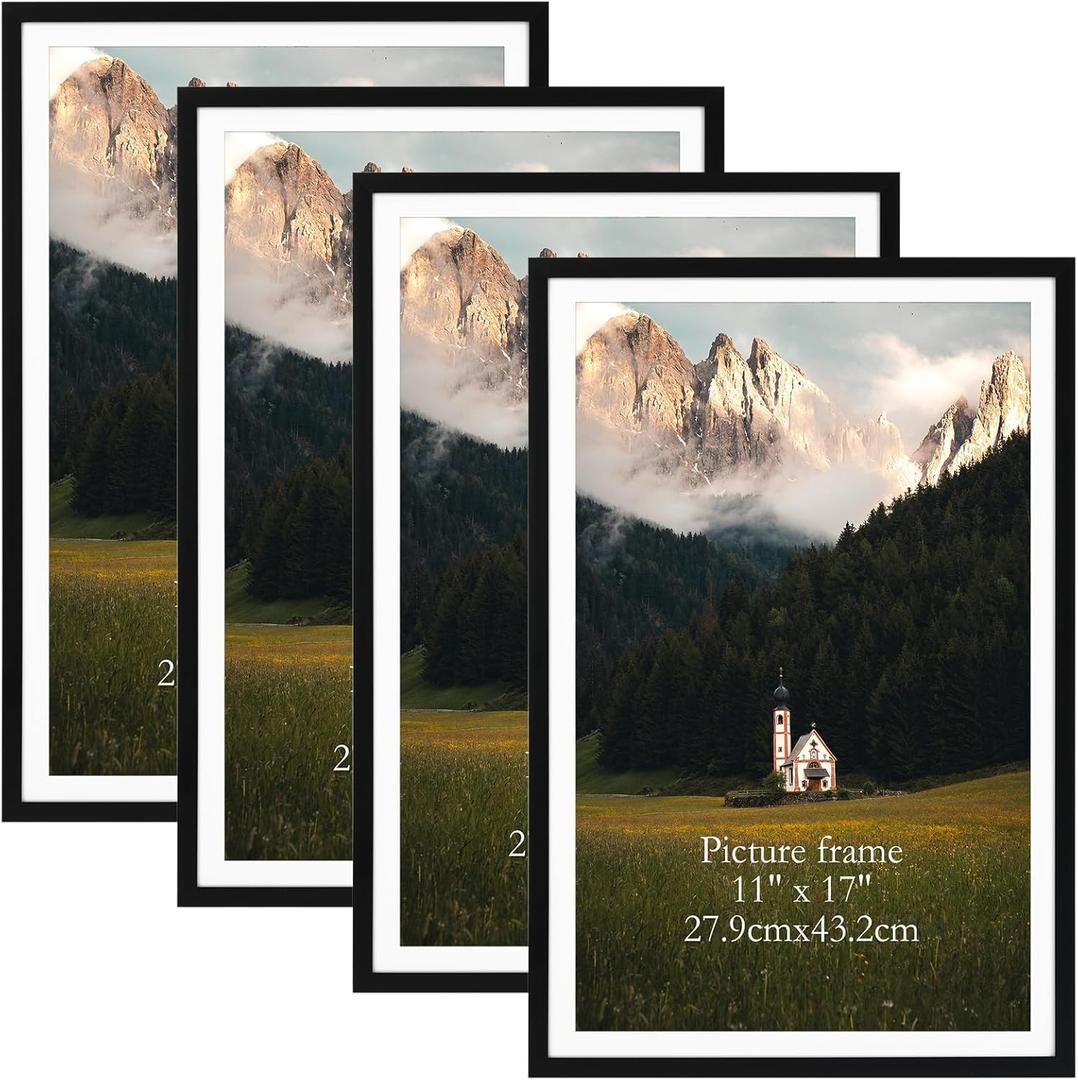 Giftgarden Black 12x18 Picture Frame Set of 4, Matted to 11x17 Picture with Mat or 18x12 Poster without Mat, Wall Hanging Display (17x11)
