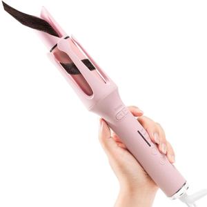 Automatic Rotating Curling Iron with 4 Temperature - Beach Waves Curling Wand, Portable Hair Curler, Dual Voltage & Lightweight for Travel, Automatic Shut-Off, Anti-Scald-Pink