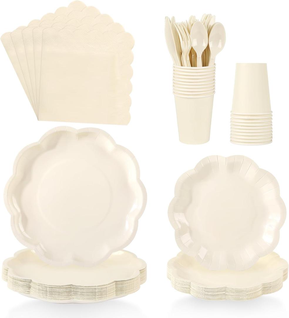 175 Pcs Ivory Paper Plates and Napkins Disposable Tableware for 25 Guests Include Scalloped 9" & 7" Plates Napkins Cups Forks Knives Spoons for Wedding Bridal Baby Shower Birthday Party