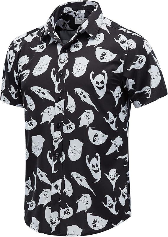 ENVMENST Halloween Button Up Shirt for Men Fun Pumpkins Printed Casual Short Sleeve Hawaiian Aloha Shirts, Size XL