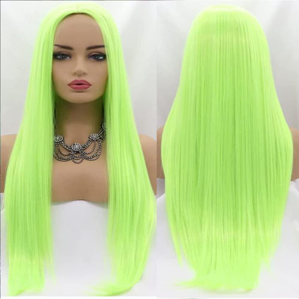 Xiweiya Wigs Neon Green Straight Hair None Lace Synthetic Machine Made Disposable Wig Silky Full Heat Resistant Fiber Hair Middle Part Wig for Women 24 Inch for Makeup Party Cosplay