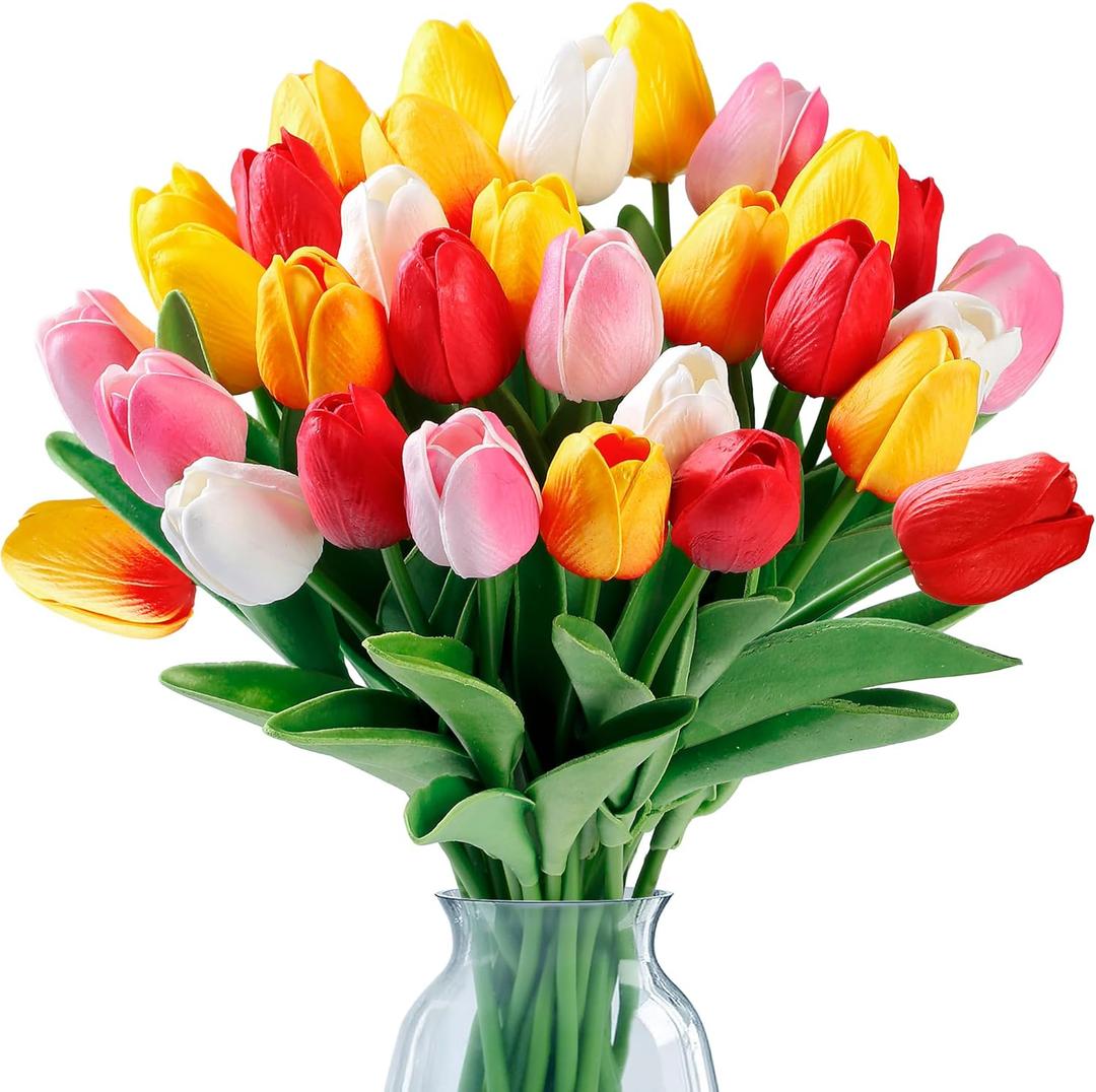 Sggvecsy 15 Pcs Fake Tulips Artificial Flowers Real Touch PU Faux Flowers Tulip Stems for Wedding Spring Bouquet Floral Arrangement Home Party Office Decorations for Mother's Day (Multi Colors) (15 Pcs, Mixed 1)