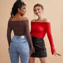 OMKAGI Women Long Sleeve Tops Boat Neck Off Shoulder Shirts Fitted Going Out Y2K Crop Top (Red, L)