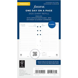 Filofax Calendar Diary Refill, Personal/Compact Size, Day on One Page with Appointments, Ruled, White Paper, English, 2025 (C68441-25)