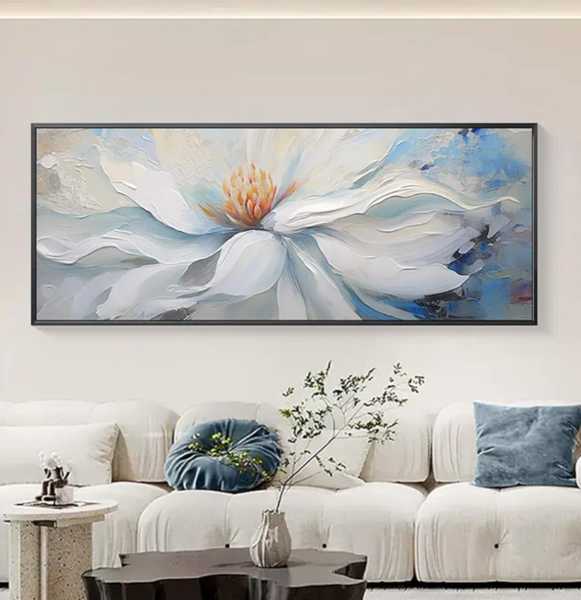 Hand-Painted White Flower Canvas Wall Art for Bedroom.Framed Modern Floral Artwork Ready to Hang for Living Room Large Oil Painting Home Decoration 24x56 inches
