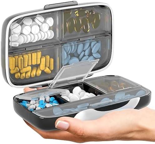 Travel Pill Organizer - Airtight Medicine Case for Traveling Portable Pharmacy Box with Labels Vitamin Container 8 Compartment Supplement Medication Holder Large Capacity Daily (Black)