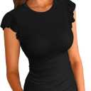 VICHYIE Summer Womens Shirt Short Ruffle Sleeve V Neck/Round Neck Ribbed Casual Tshirt Fitted Tops Blouses, Small, Black