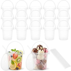 15 Pack Plastic Buckets for Drinks, Plastic Drink Buckets, 32oz Reusable Cocktail Bucket with Lid & Straw, 1 Liter Clear Ice Cream Pails for Halloween, Football Parties & Bars