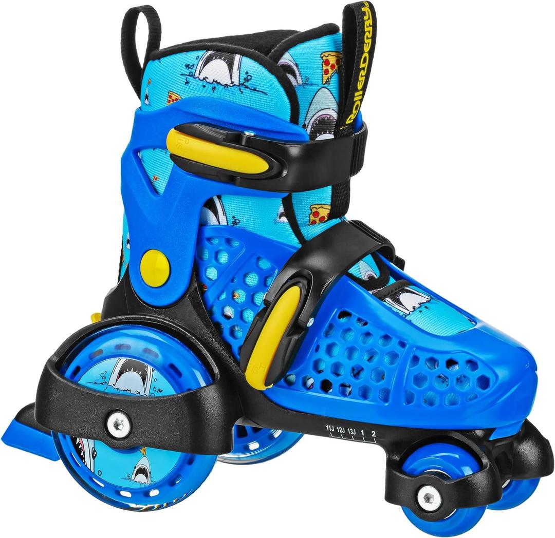 Fun Roll Beginner Roller Skates by Roller Derby, Adjustable Sizing, Skates for Kids, Toddlers, Boys, Girls (Small (7-11), Pizza Shark)